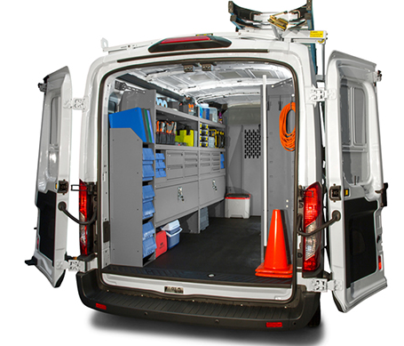 Work van shelving, drawers and storage bins